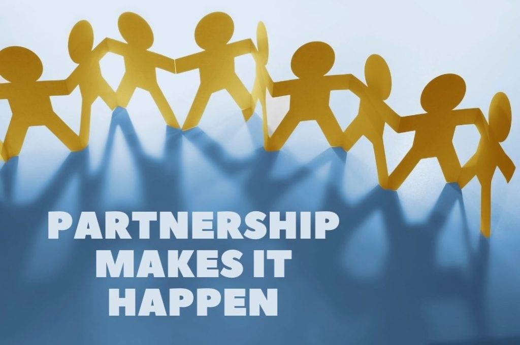 PARTNERSHIP MAKES IT HAPPEN HANDS TOGETHER BLUE AND GOLD